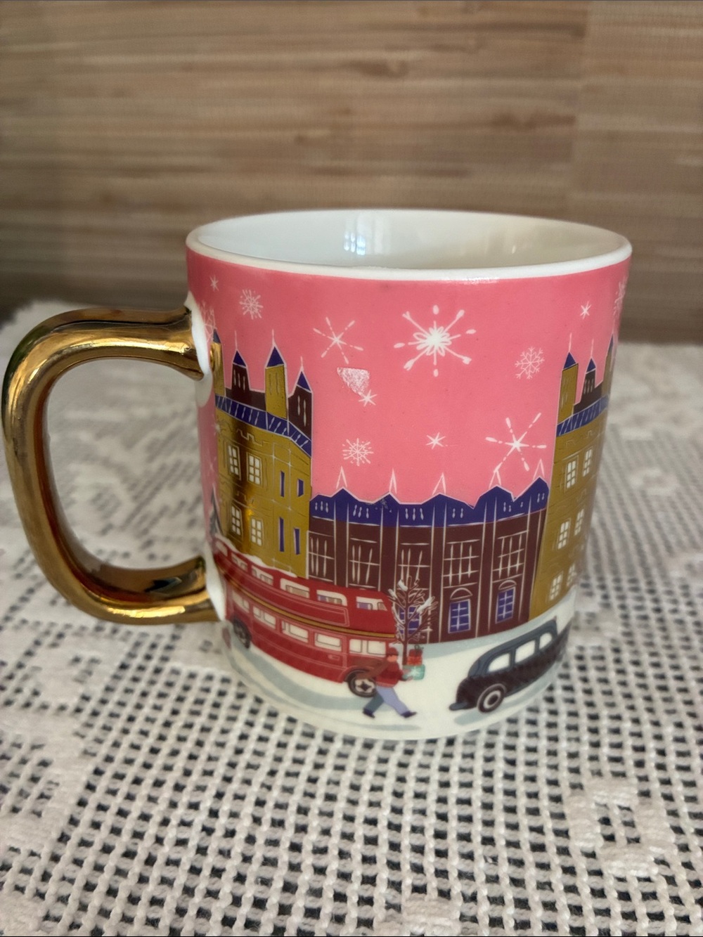 London Christmas Mug Pink Gold Handle Holiday Cityscape Double Decker Bus
